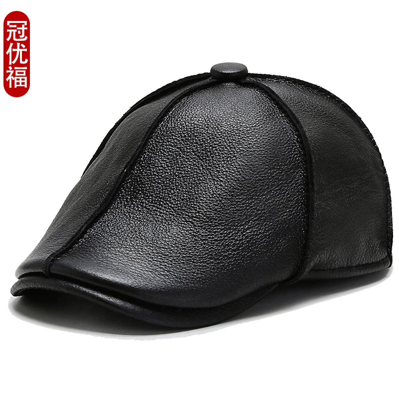 真皮鸭舌帽中老年冬季时尚百搭老人护耳前进帽复古贝雷帽加绒短檐
