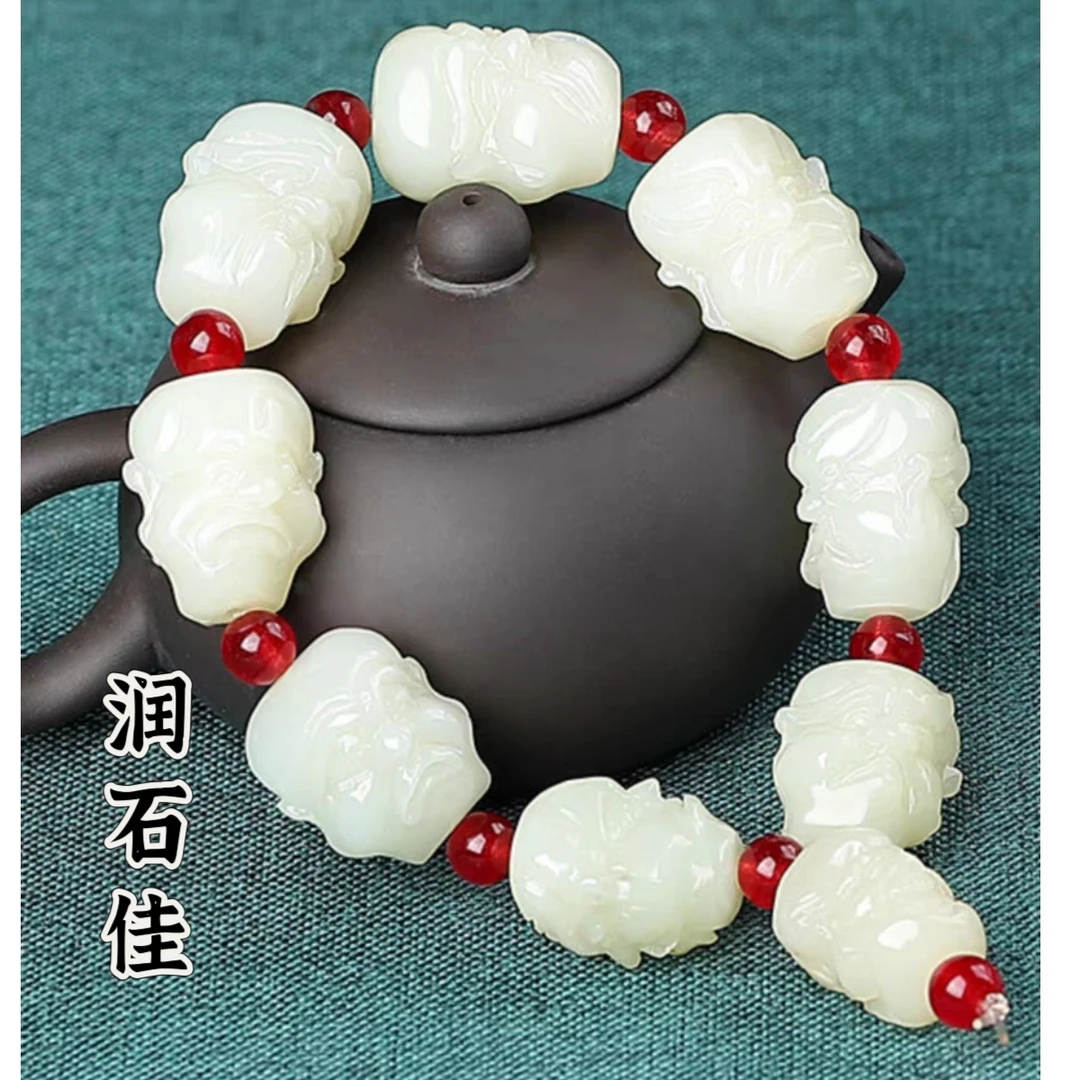 天然和田玉十八罗汉手持男款白玉双面罗汉头佛头手串玉石手工雕刻