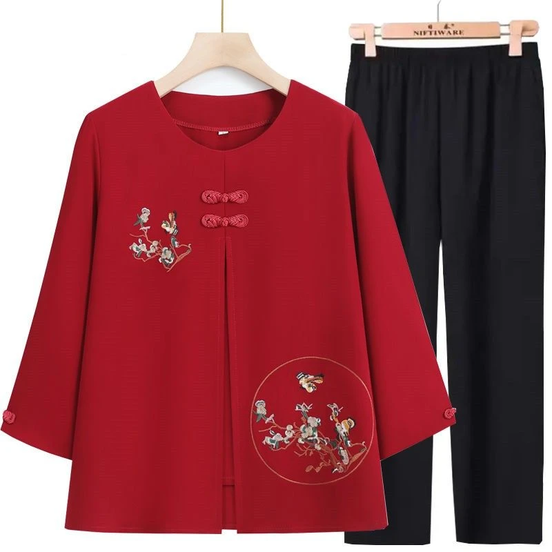 50-60岁春秋夏两件套装春秋夏装雪纺七分袖35-60岁老年妈妈装