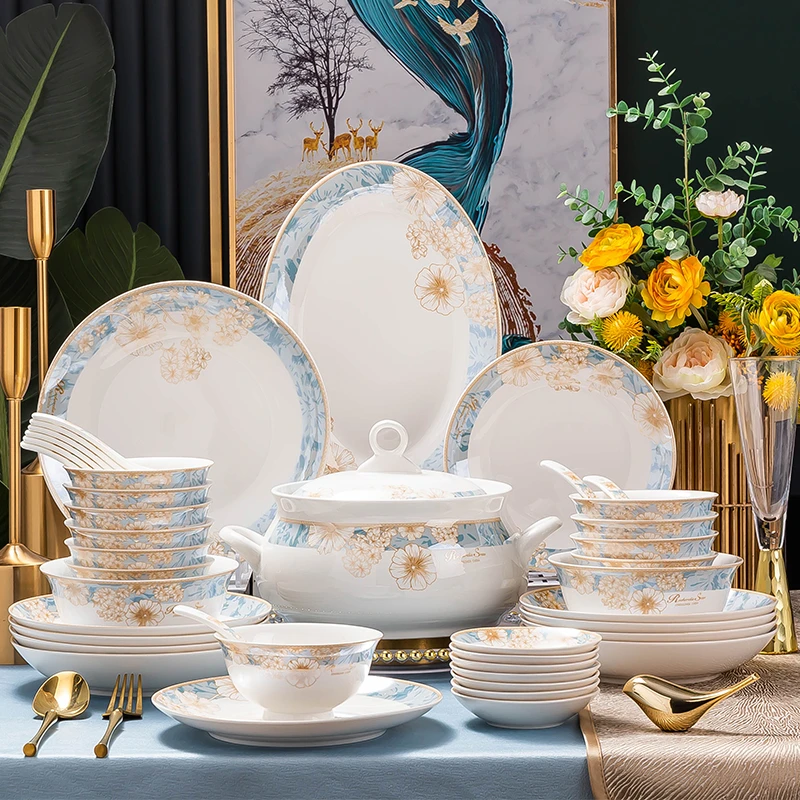 腾河【新美好时光70头】景德镇骨瓷餐具碗碟套装家用陶瓷中式植物花
