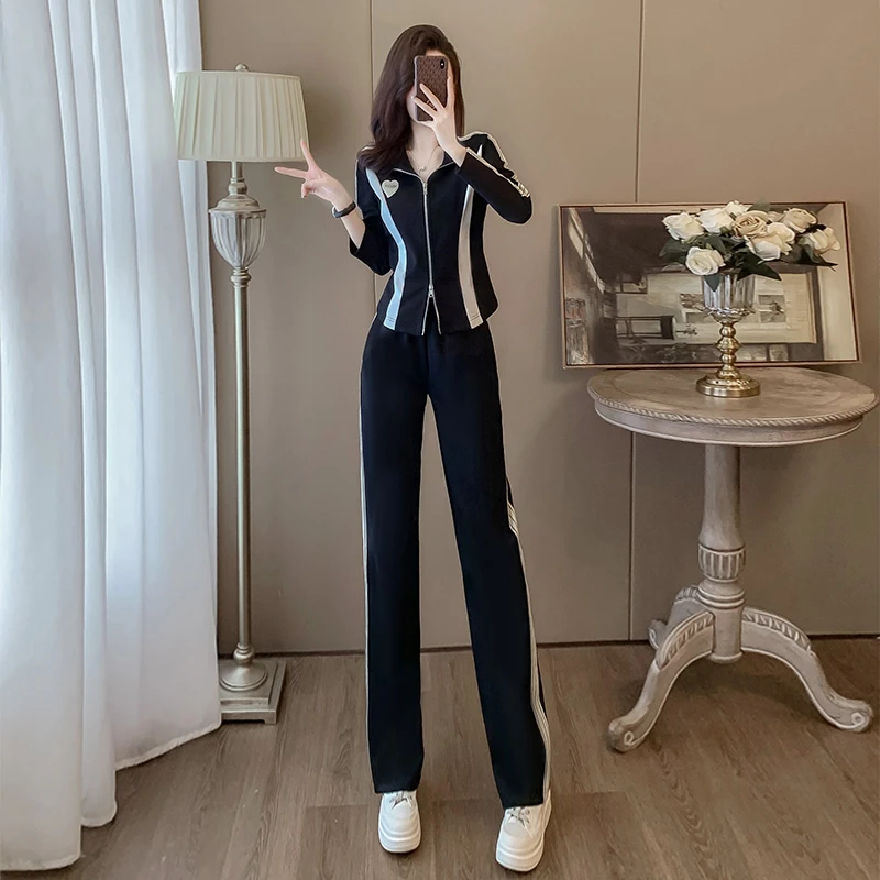 欧货黑色休闲运动套装女秋洋气显瘦修身收腰拼接厚长袖阔腿裤两件