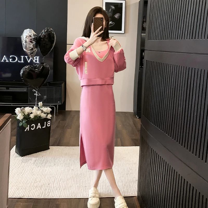 粉色休闲时尚套装女秋洋气减龄遮肚显瘦连帽卫衣半身裙两件套气质