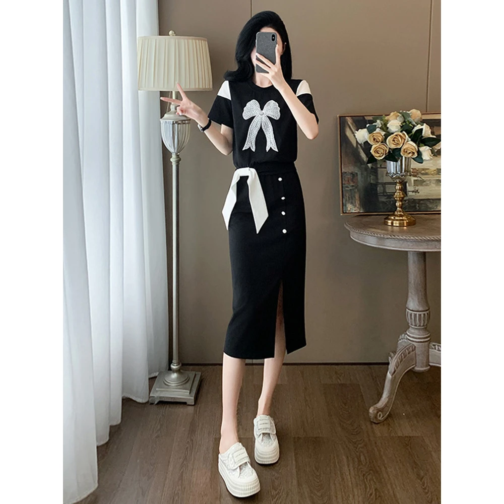 梨形身材穿搭时尚套装裙女夏季遮肉显瘦拼接短袖开叉半身裙两件套