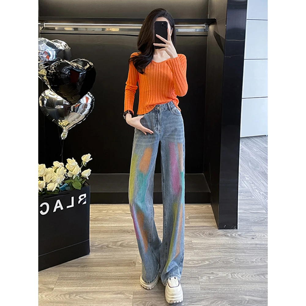 炸街时尚套装女秋季洋气显瘦减龄镂空针织衫高腰牛仔阔腿裤两件套