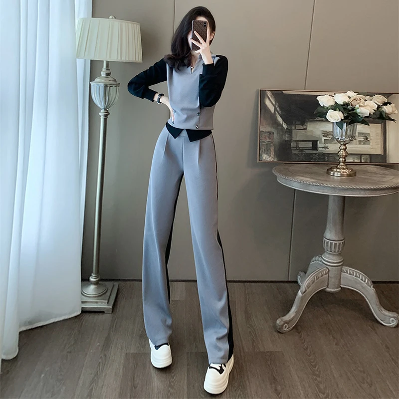 欧货高端休闲运动套装女秋时髦拼色收腰显瘦卫衣阔腿裤两件套气质