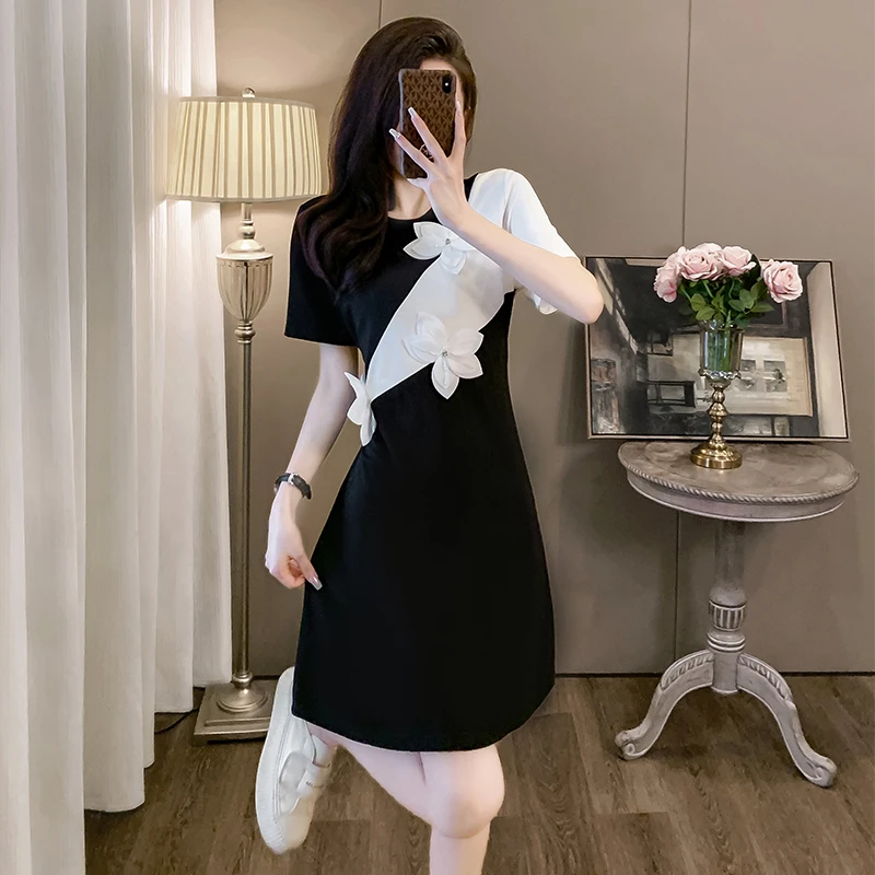 高端精致连衣裙女夏季独特拼接立体花朵中长款裙子法式气质小黑裙