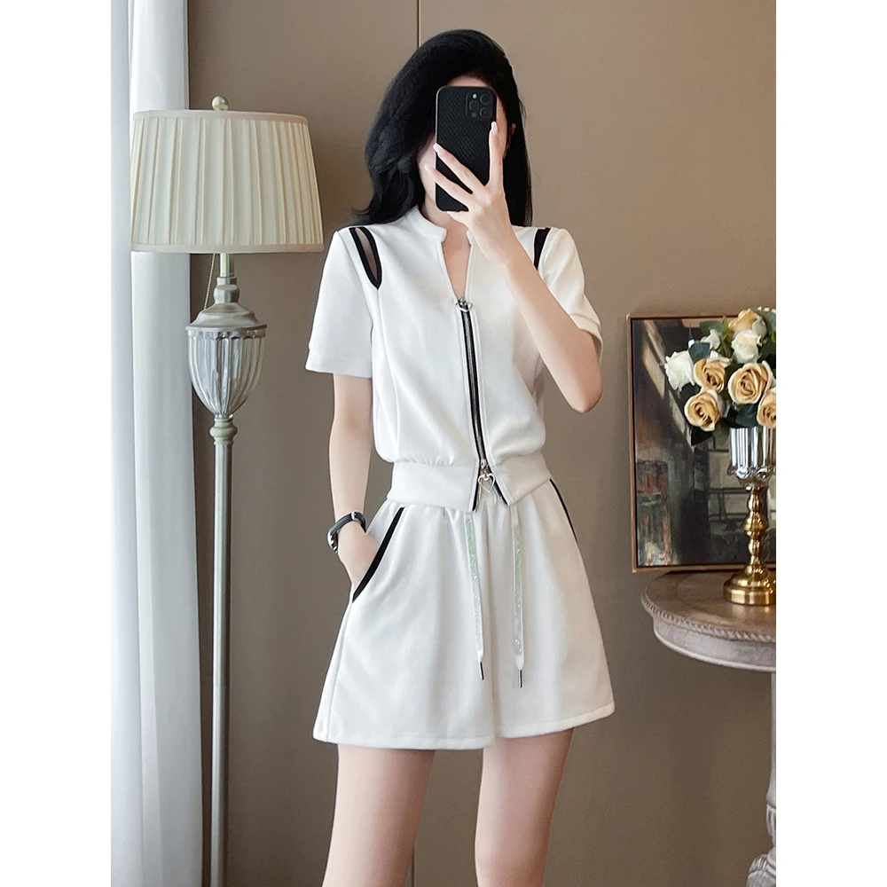 高级感白色休闲运动套装女夏季遮肉显瘦拉链短袖高腰短裤两件套潮