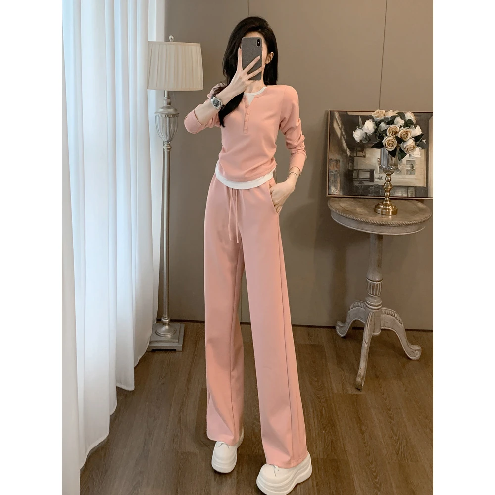 盐系粉色休闲运动服套装女秋季减龄洋气显瘦长袖T恤阔腿裤两件套