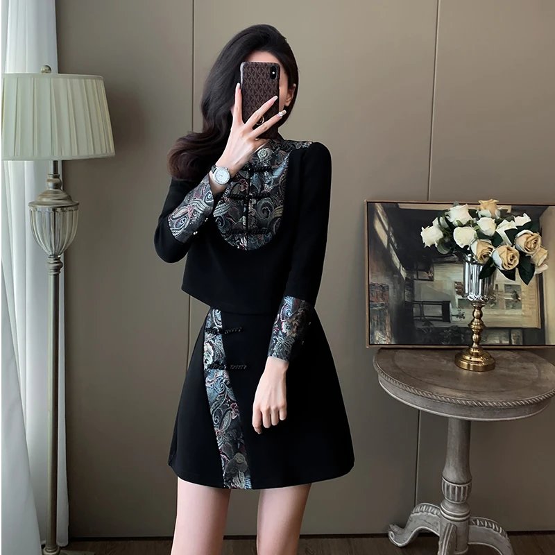 高级感小洋装套装女春秋2024新款洋气显瘦新中式国风裙子两件套装