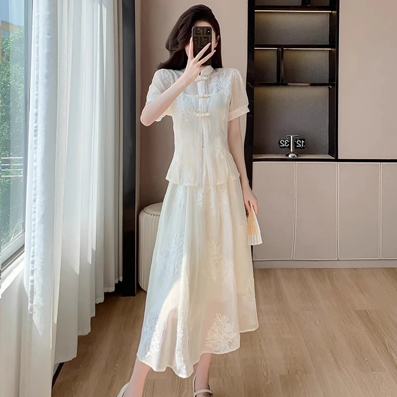 新中式中国风套装裙女夏减龄漂亮高级感法式刺绣短袖半身裙两件套