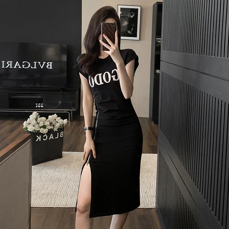 修身收腰显瘦独特别致拉链开叉中长款裙子气质夏季圆领辣妹时尚