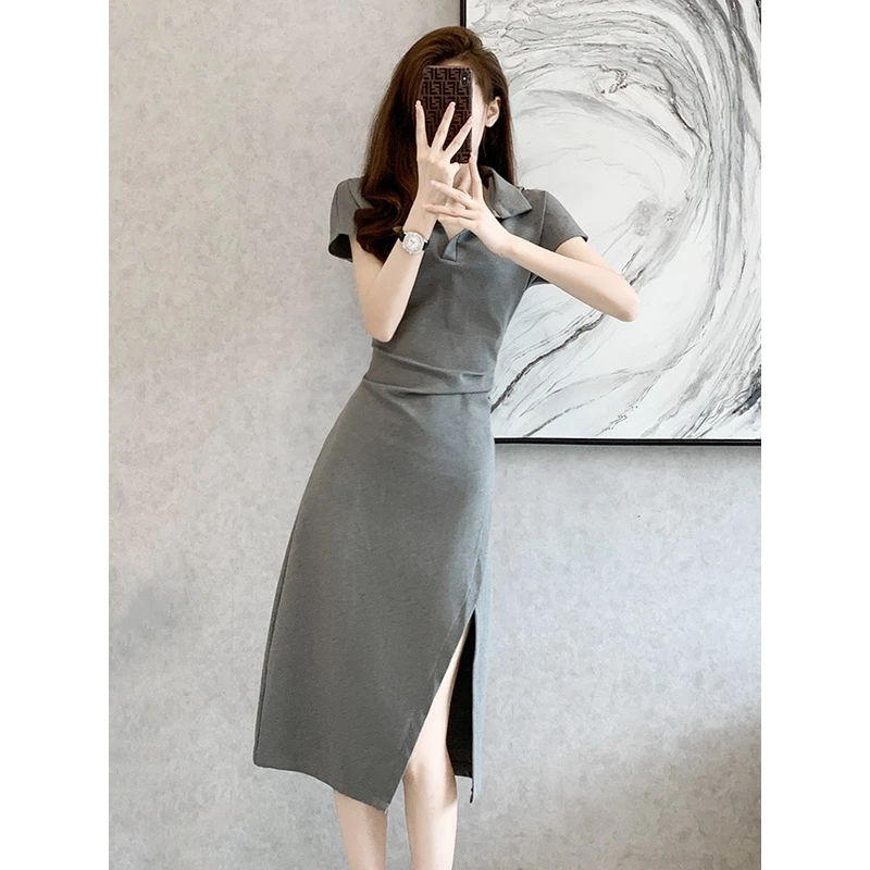 气质开叉连衣裙女夏季法式褶皱修身收腰显瘦遮肚休闲中长款POLO裙