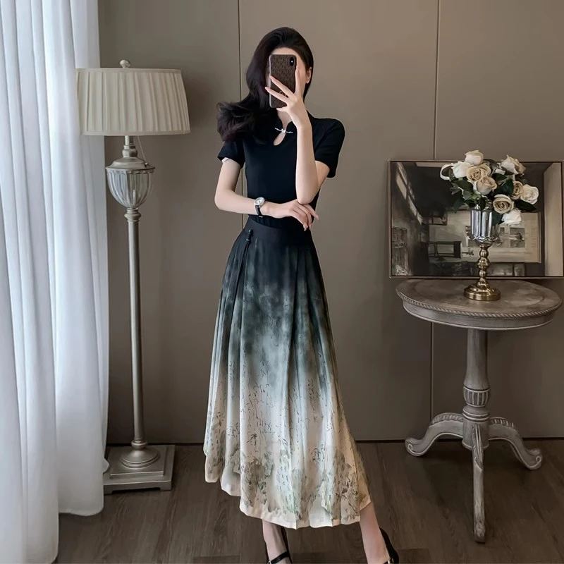 复古新中式水墨套装裙女夏季高级感国风盘扣短袖高腰半身裙两件套