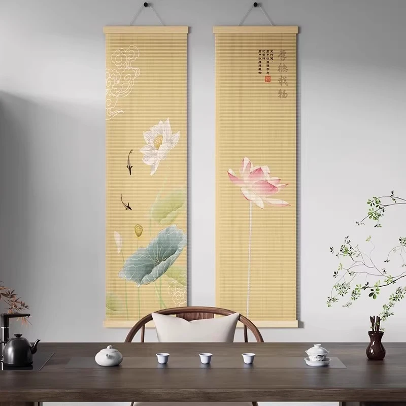 新中式书法装饰画茶室书房禅意竹帘挂画客厅玄关背景卷轴竹艺挂帘