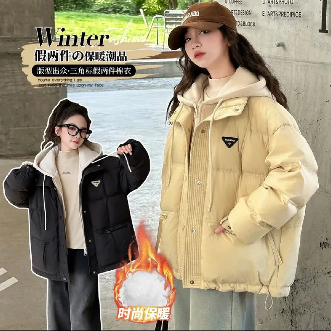 女童假两件连帽棉衣2025冬季新款加厚保暖休闲洋气小女孩棉袄潮