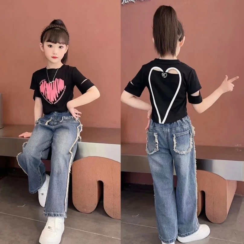 女童牛仔裤套装2025新款洋气小女孩爱心短袖牛仔阔腿裤时髦两件套