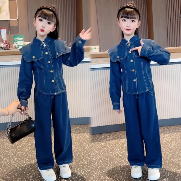 女童牛仔套装2025新款中大童洋气韩版时髦大翻领牛仔阔腿裤两件套