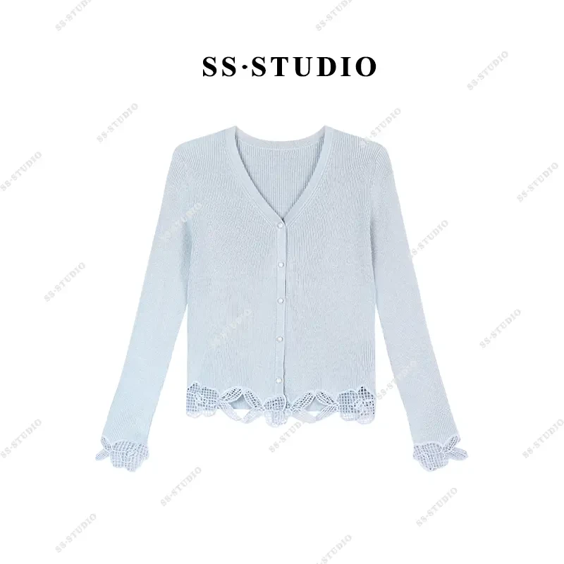 【SUSU】早秋款蕾丝花边拼接设计感小众V领针织开衫上衣SS-9994