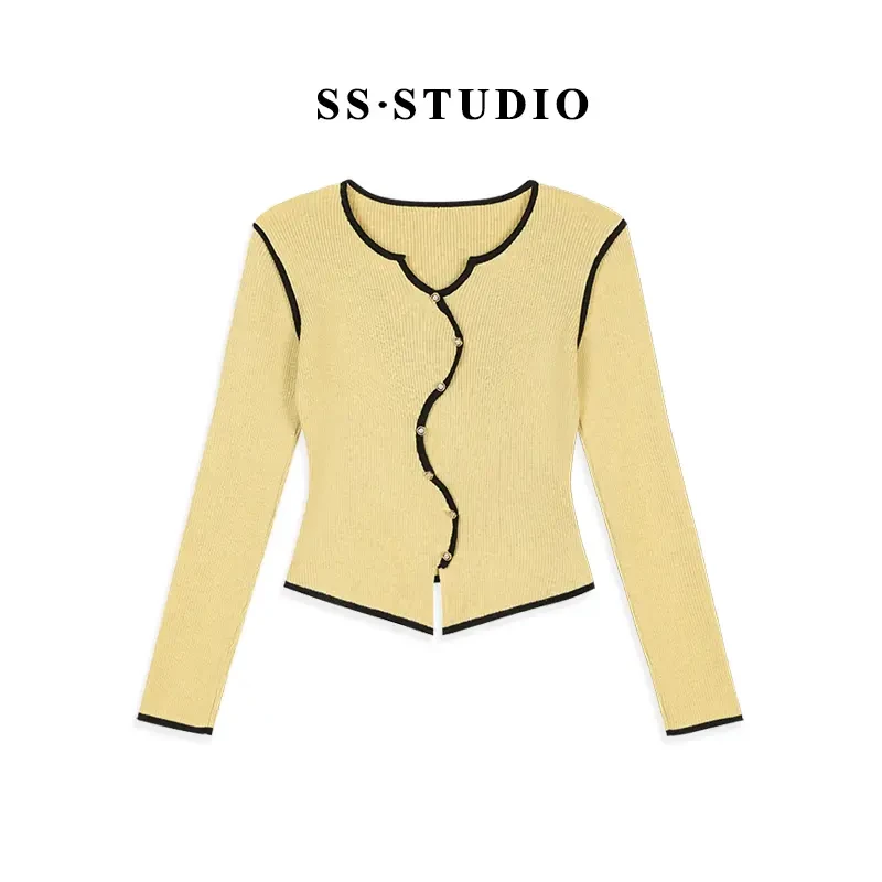 【SUSU】早秋款撞色S曲线不规则V领针织开衫上衣SS-9928