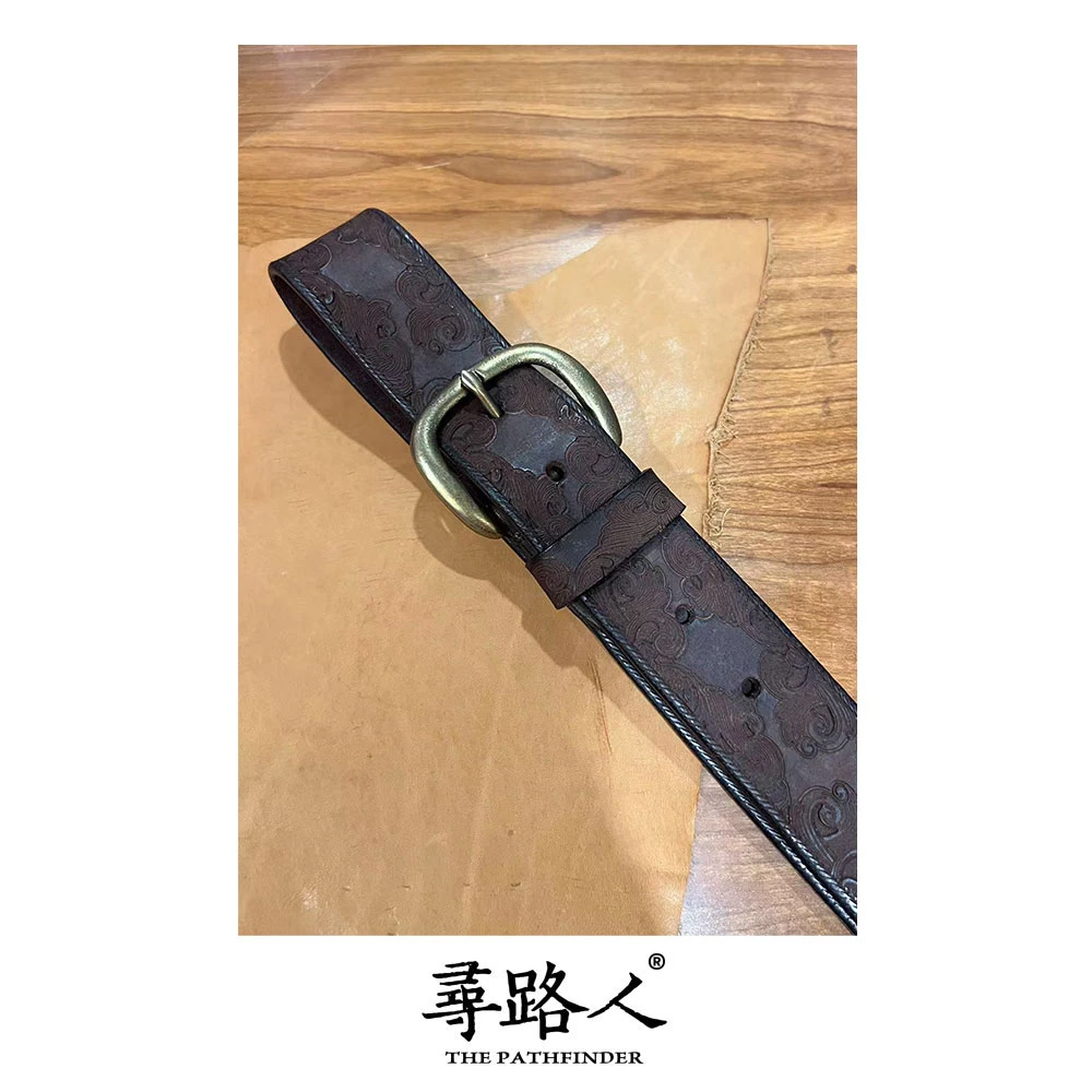 寻路人休闲真皮百搭重工雕花精致复古腰带（3.8宽）【3尺5以内】