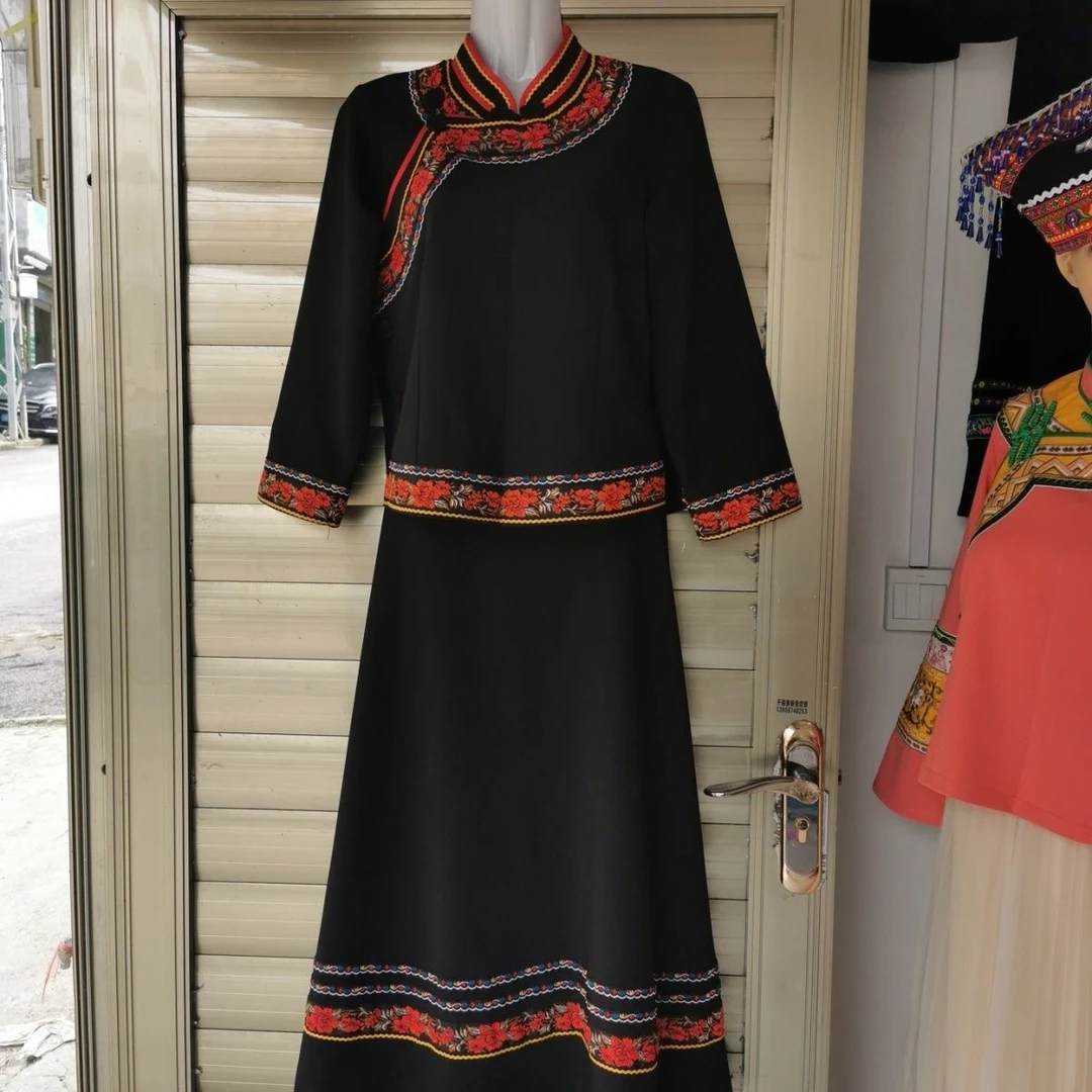 布依族服装套装长款大摆裙黑色民族风苗族壮族三月三 修身显瘦