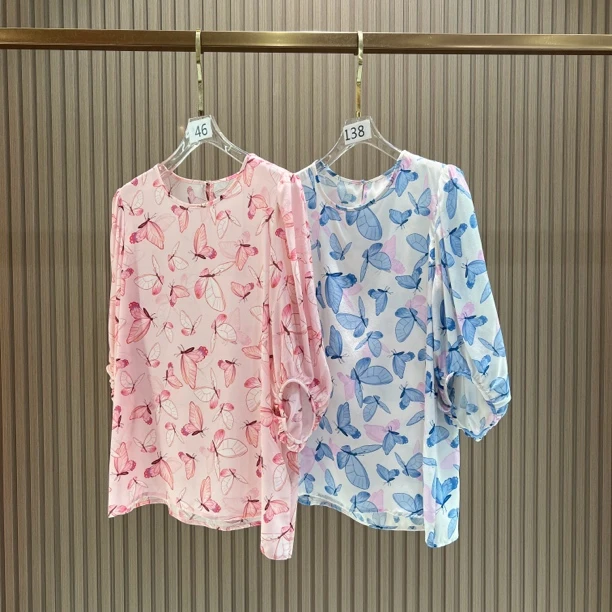 福叠 夏季圆领花色蝴蝶印花桑蚕丝衬衫上衣