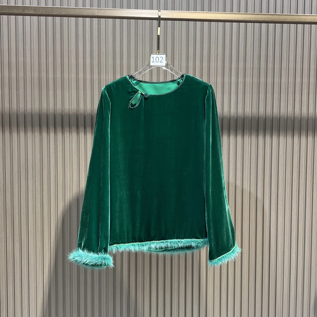 祖母绿 水滴领口拼水貂钉珠套头桑蚕丝丝绒衬衫