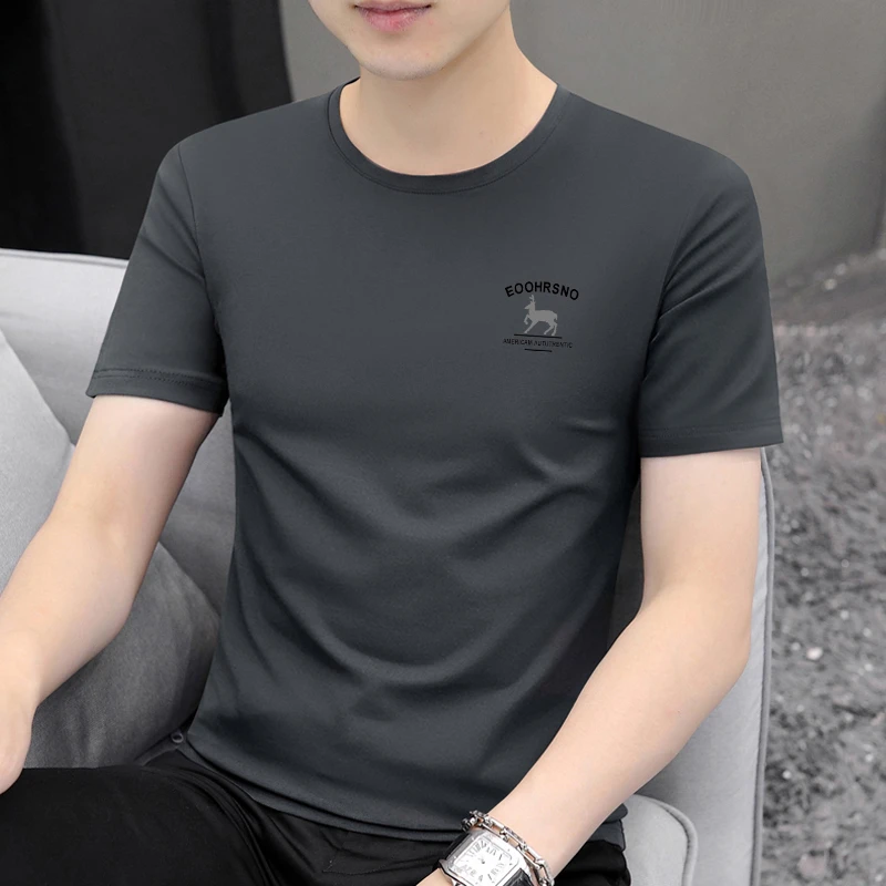 夏季新款潮流修身圆领百搭半袖含棉印花打底宽松速干薄款男士体恤