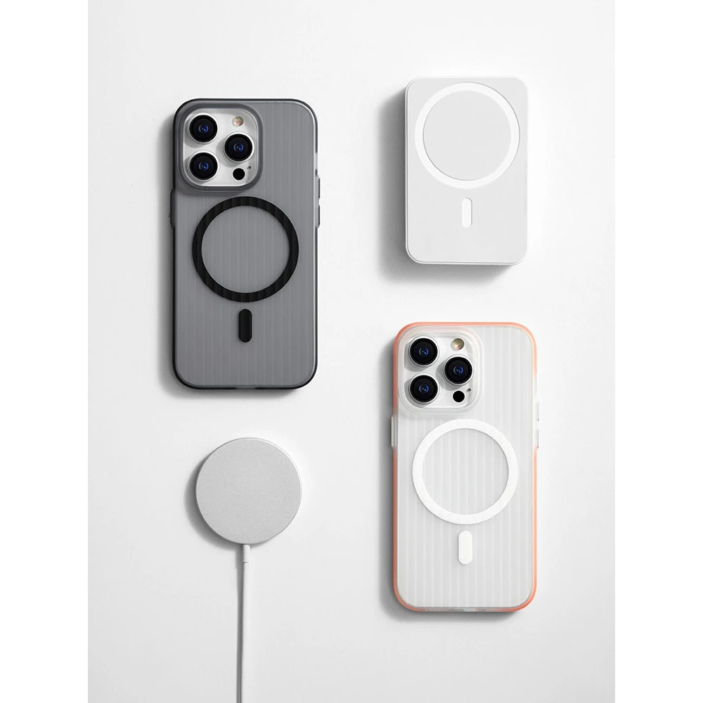 适用苹果iPhone15Pro磨砂防滑Magsafe保护壳14肤感条纹磁吸手机壳