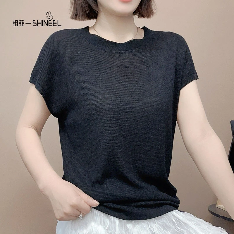 相菲精品--夏季简约显瘦时尚休闲百搭宽松纯色圆领羊角袖气质上衣