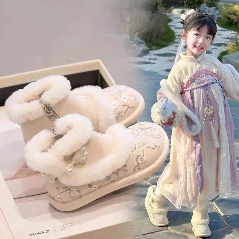 ABC女童汉服鞋拜年冬季古装儿童靴子秋冬马面裙古风加绒雪地靴