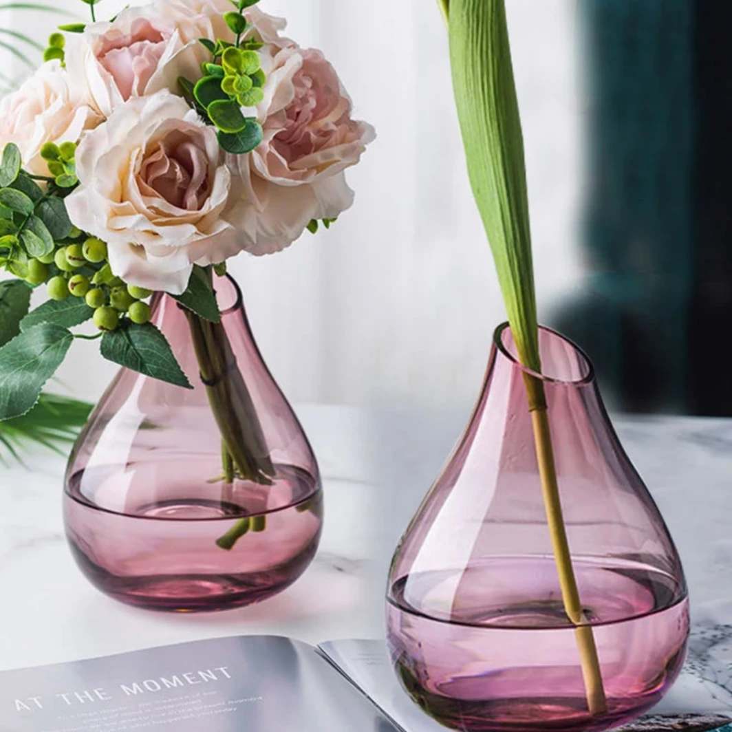 简约轻奢紫色水滴创意客厅餐厅茶几办公室插花简约大肚玻璃