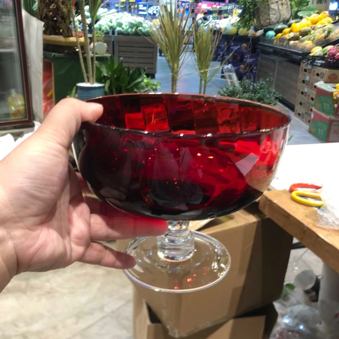 【红色沙拉碗】彩色玻璃红色大号超大高脚沙拉碗水果捞碗高脚果斗