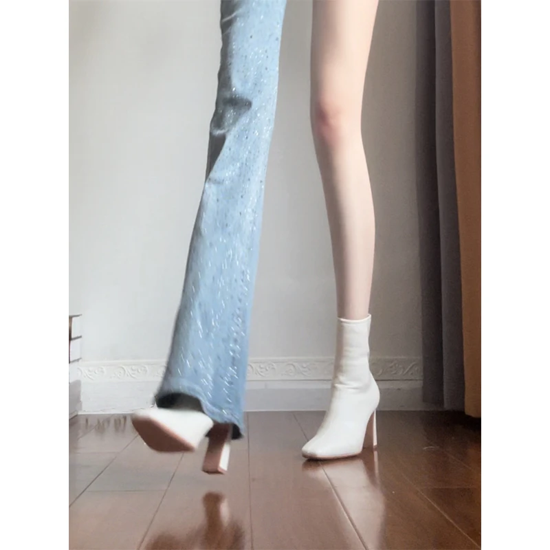 法式高跟小短靴女2024年秋冬季粗跟方头皮靴新款瘦瘦靴单靴