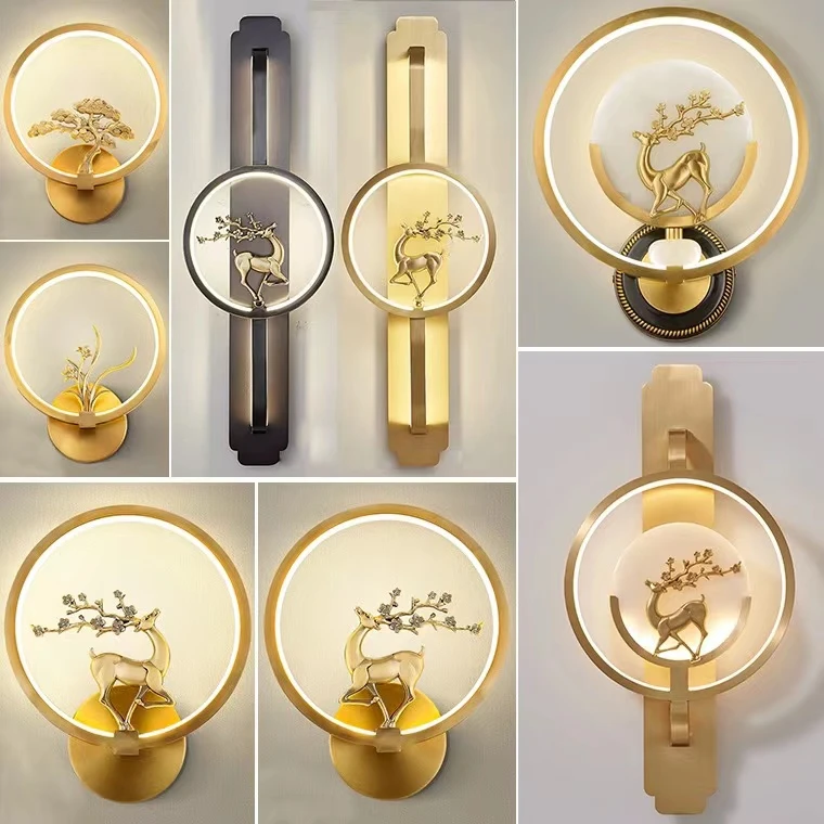 新中式全铜壁灯装饰背景墙灯圆形现代客厅电视墙灯轻奢卧室床头灯