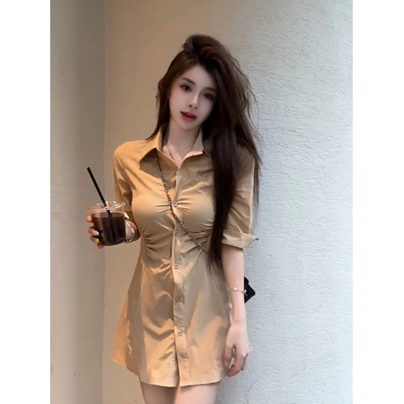 气质白色polo领长袖衬衫连衣裙女夏季褶皱辣妹显瘦收腰a字短裙子