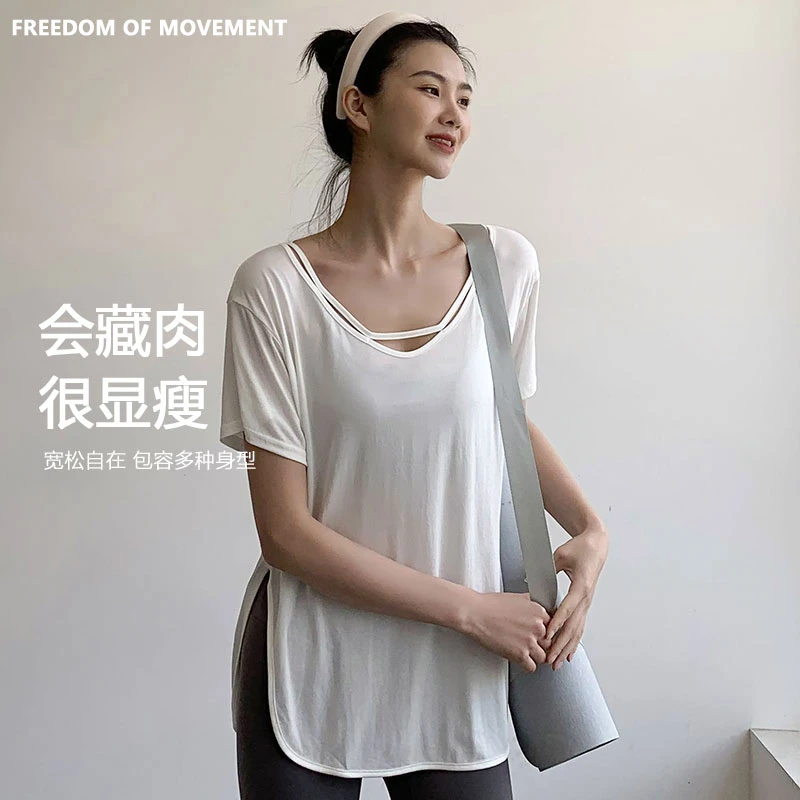 瑜伽服罩衫薄款透气显瘦宽松遮臀健身服上衣跑步运动短袖t恤女夏