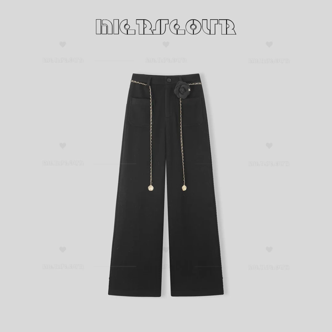 新款山茶花腰链直筒加绒休闲裤86A565