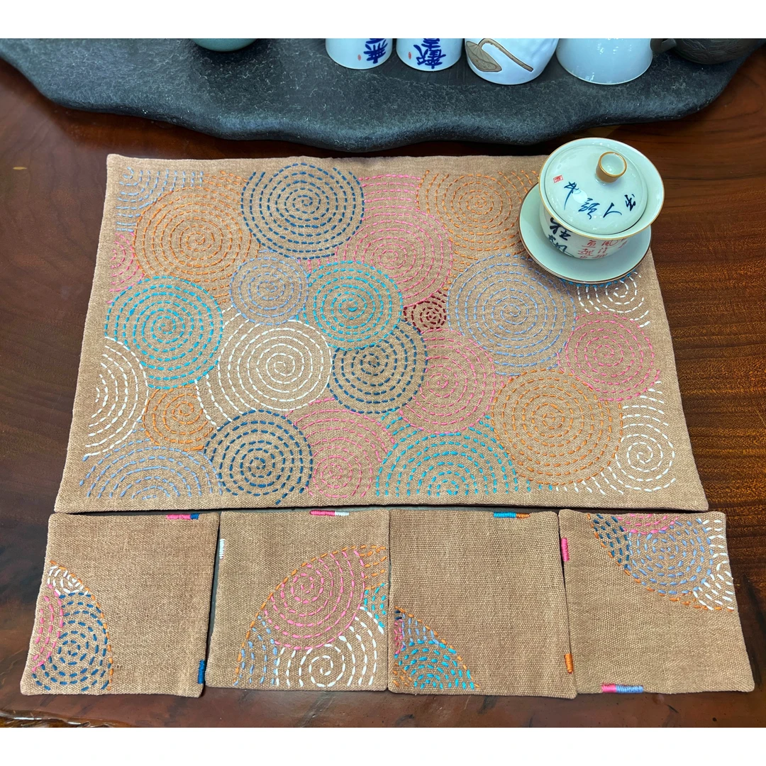 指间鲁绣柿染布老粗布茶席diy手工刺绣材料包大45.5*30.5cm小12.7