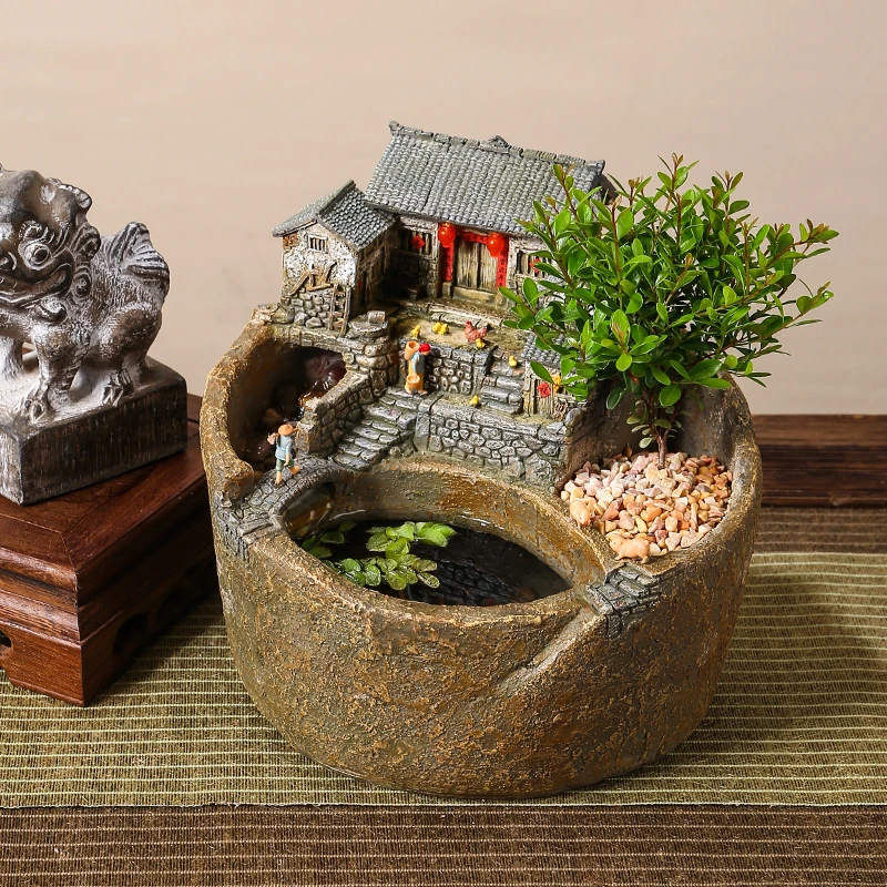 新小桥流水鱼缸花盆水循环盆景盆栽绿植微景观老房子植物盆器创意