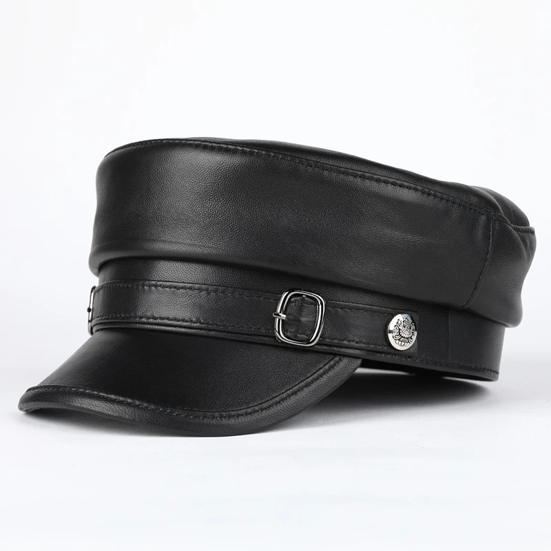 时尚羊皮平顶帽男女青年学生帽贝雷帽秋冬季真皮帽子休闲百搭潮流