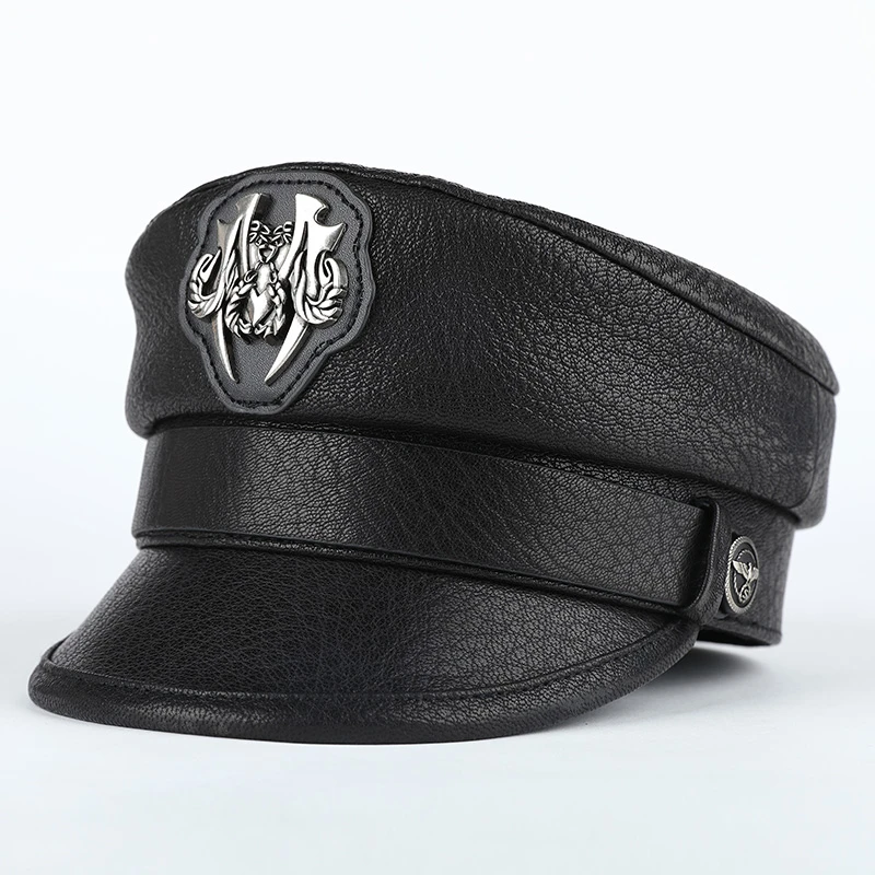 春秋时尚潮流真皮平顶军帽男士哈雷机车帽山羊皮英伦风短檐船长帽