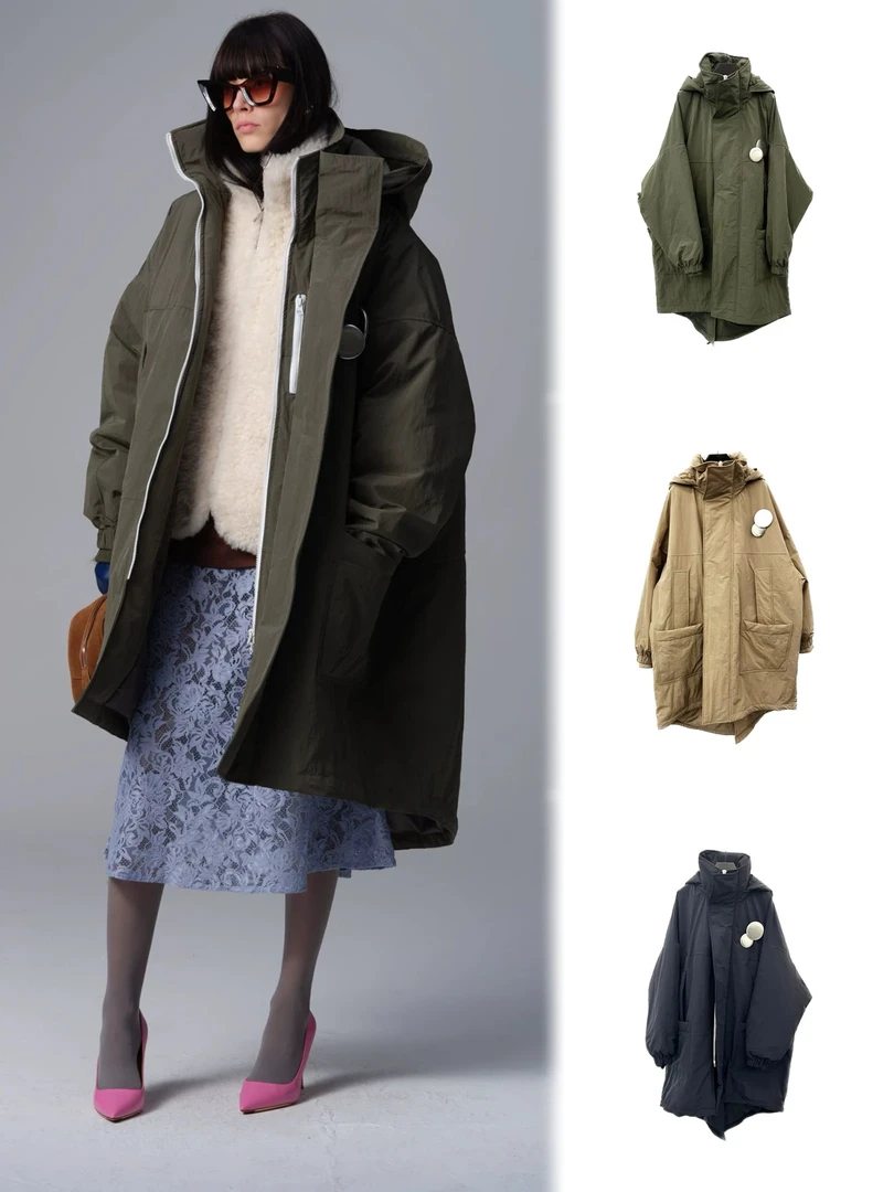 带帽长款大口袋棉服 241011