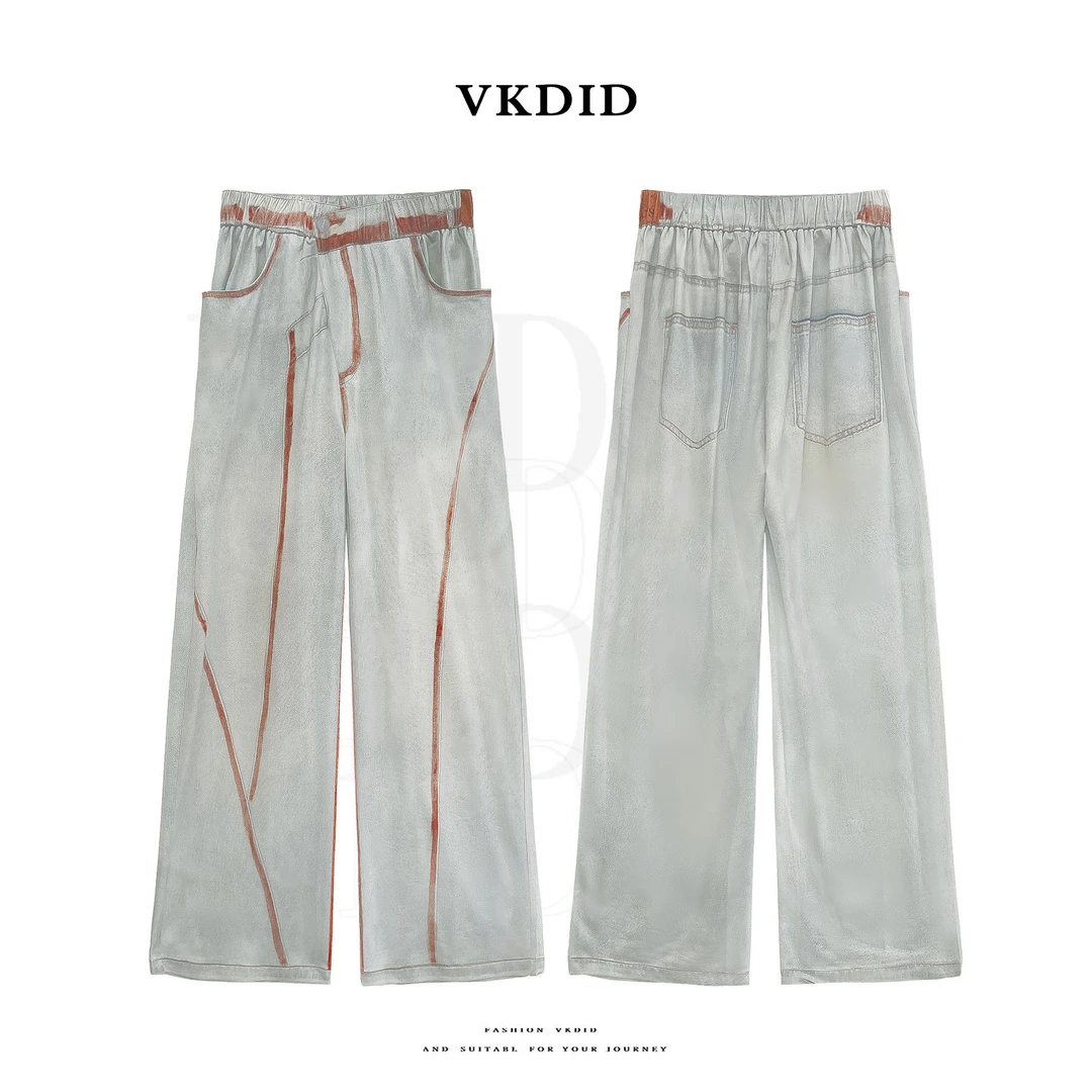 VKDID仿牛仔裤做旧休闲夏季复古阔腿宽松百搭潮流冰感长裤