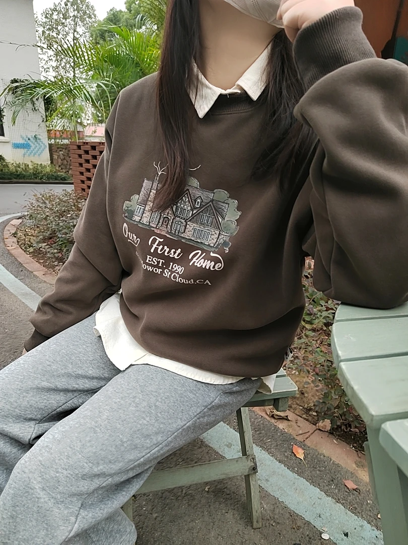 秋冬宽松时尚休闲百搭加绒韩版圆领印花复古小众春季长袖女款卫衣