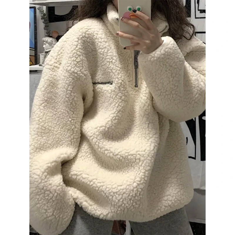 港味时尚百搭立领羊羔毛卫衣女秋冬洋气休闲加厚保暖半拉链上衣潮