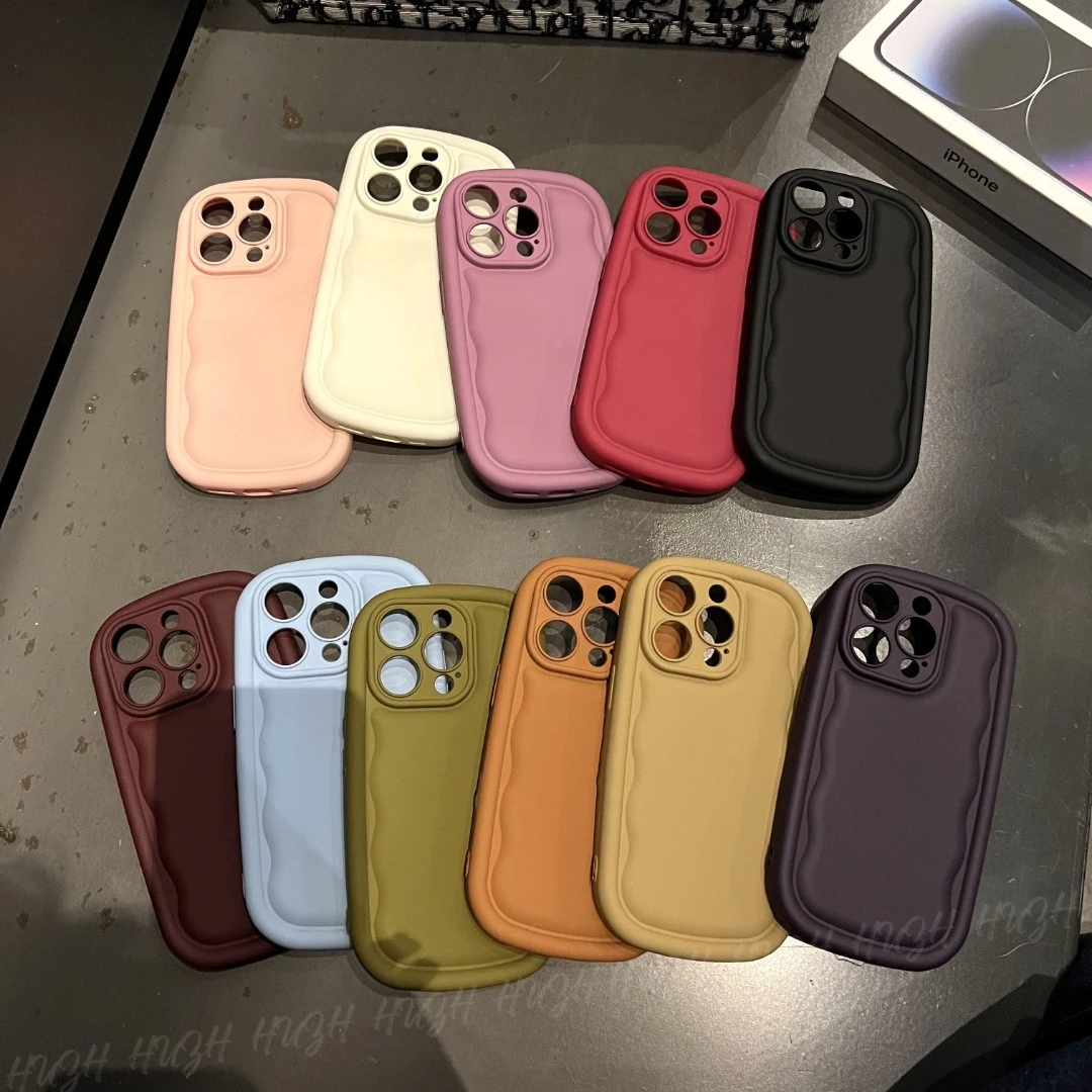 多巴胺色系苹果14promax手机壳肤感波浪纹气囊iPhone13百搭12防摔