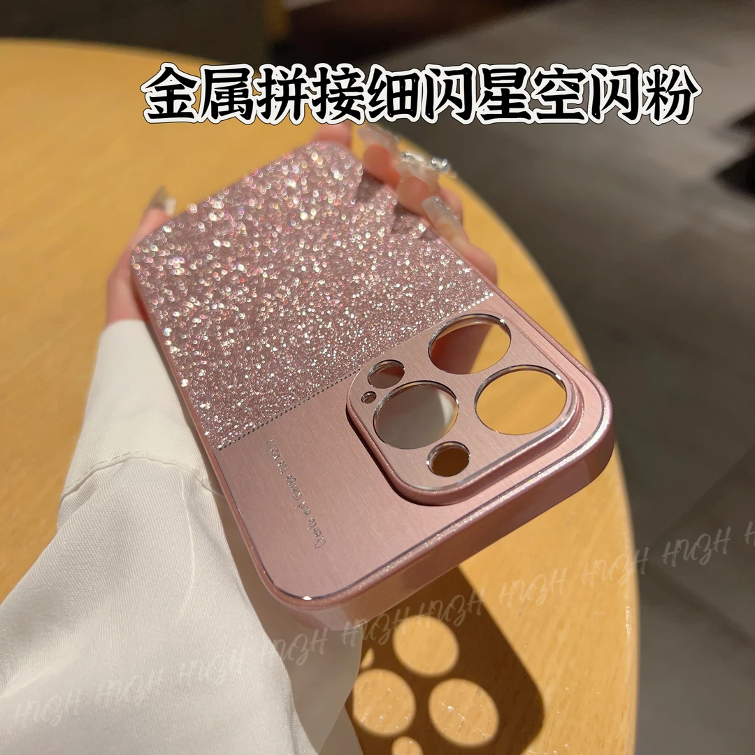 适用苹果14promax手机壳iPhone13pro金属拼接星空闪粉12简约新款