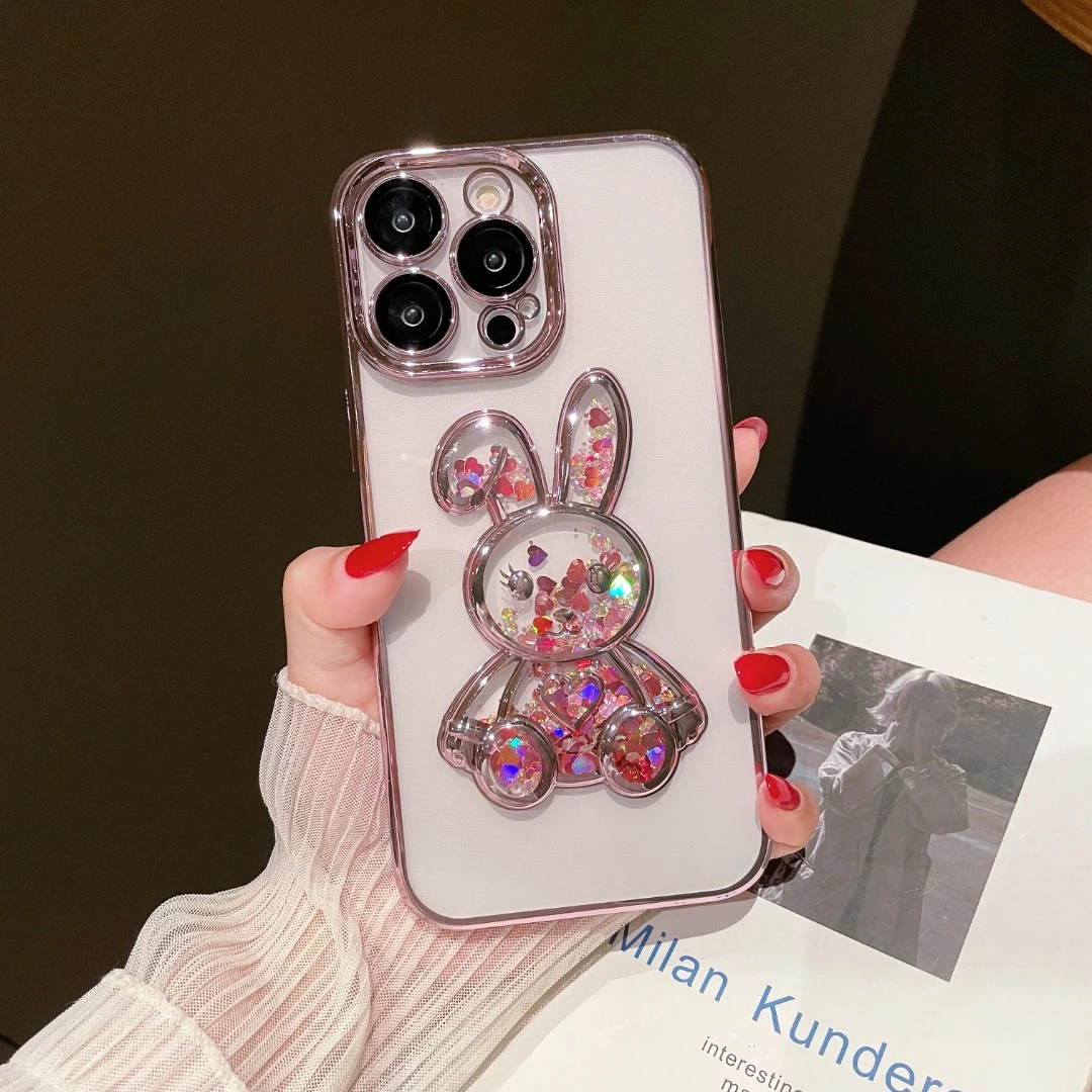 适用苹果14手机壳iPhone13Promax电镀透明流沙兔子新款卡通全包壳