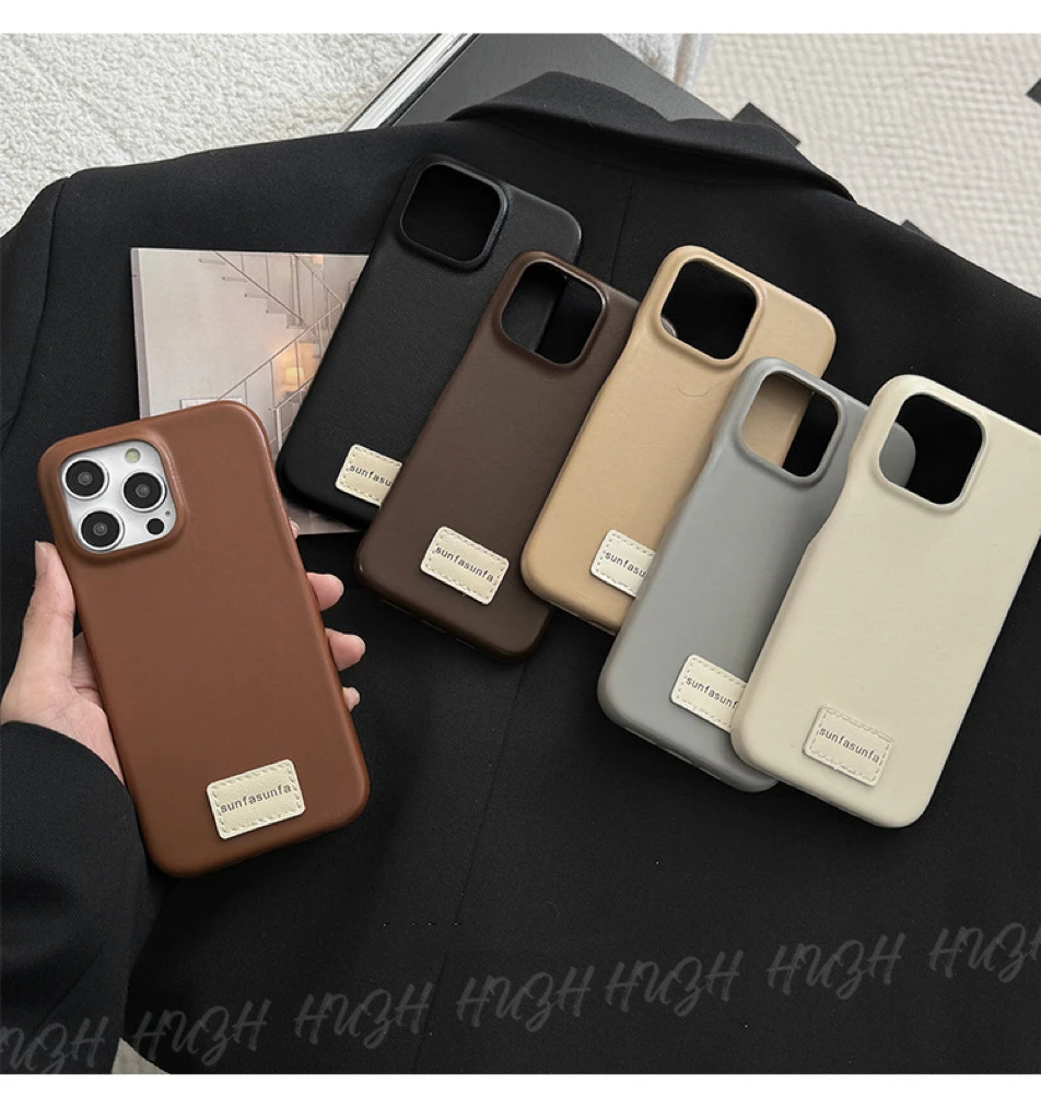 苹果iphone15小众纯色皮质14promax13美拉德风标签11pro12手机壳